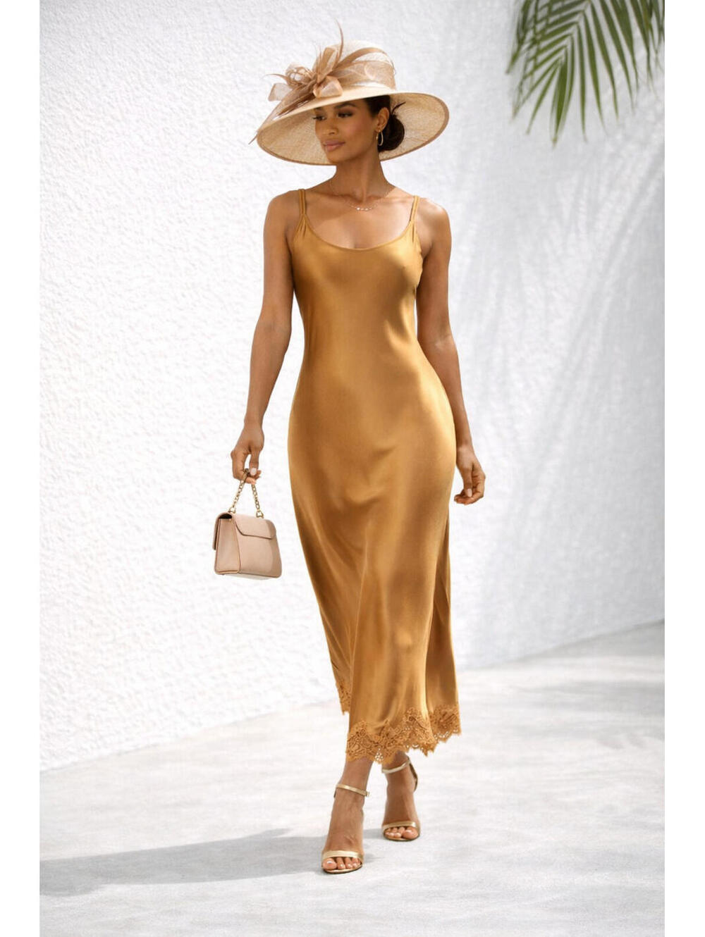 Gold Hawk Silk Slip Dress M Autumn Camel Bias Cut Lace Trim Designer NWT